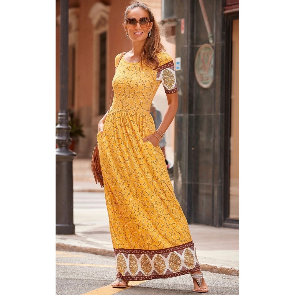 Lascana Mustard Yellow Floral Paisley Border Maxi Dress Short Sleeve Pockets 42
